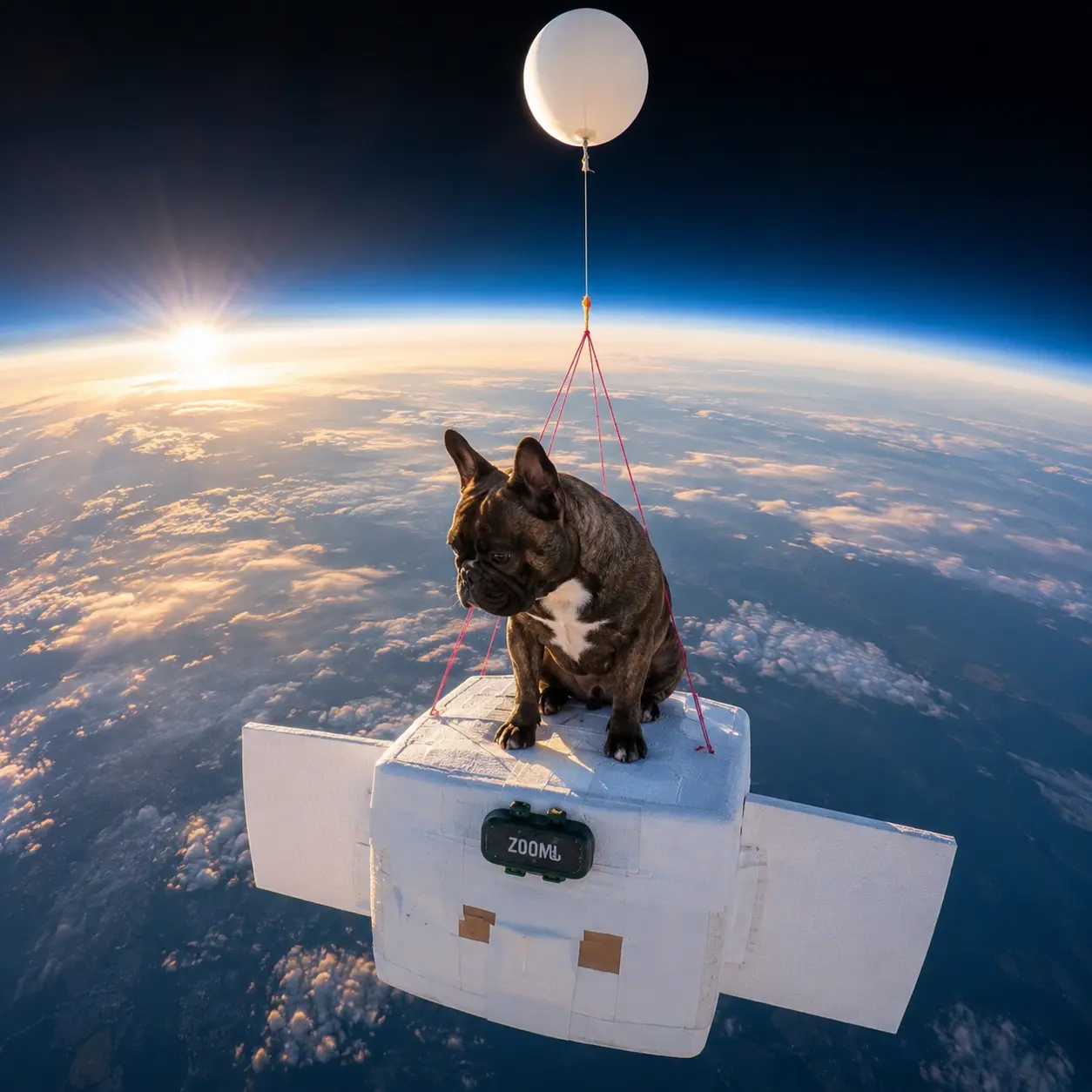Oscar the French Bulldog sitting on his capsule above a curved Earth at sunrise