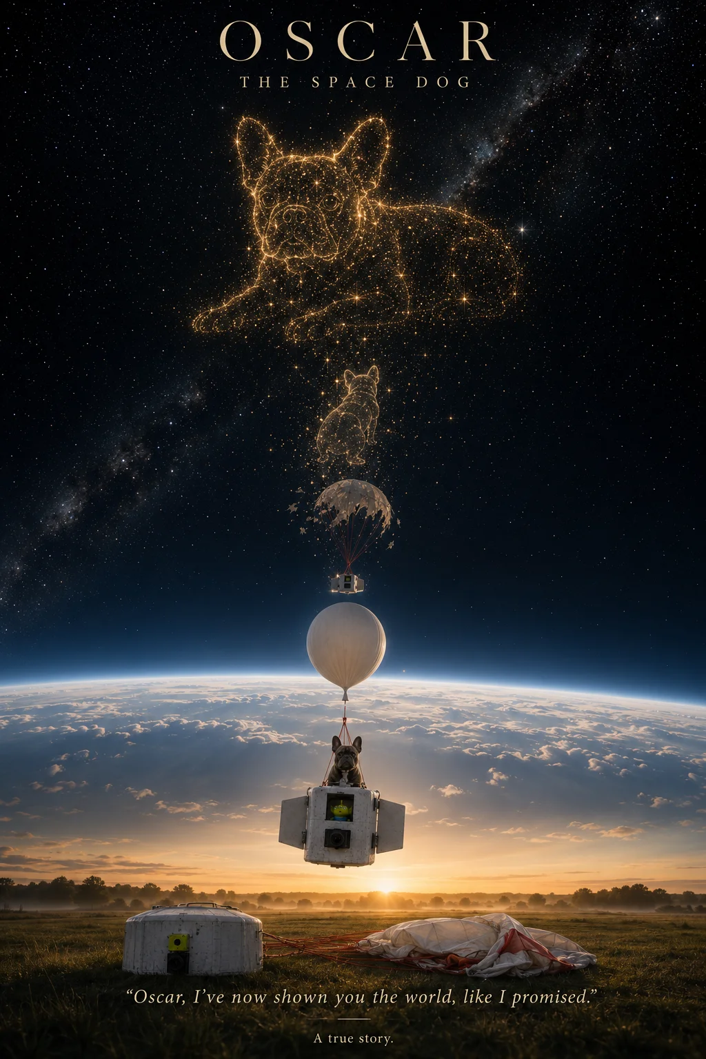 Oscar — The Space Dog official poster: a constellation of Oscar above a weather balloon rising over Earth at sunrise