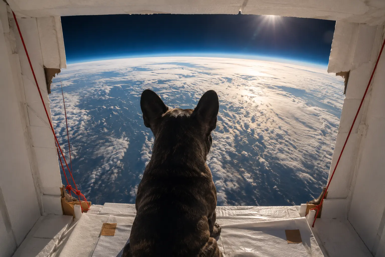Oscar looking out of the capsule window at the curve of the Earth