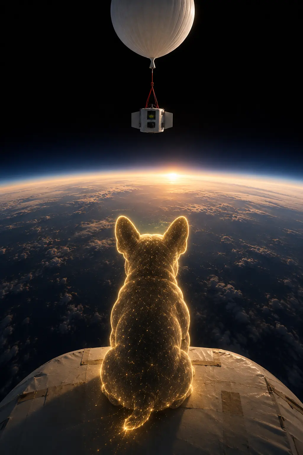 A golden constellation of Oscar watching the sunrise from the top of the world